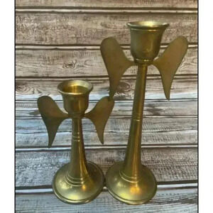 set of two vintage, solid, brass gold angel wing candle stick holders